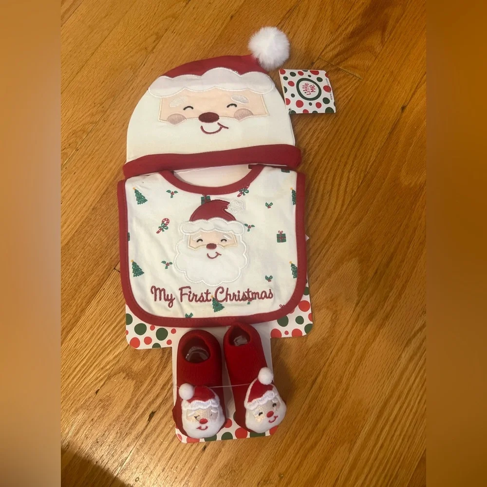 Santa Baby first Christmas bib, hat and socks Set
